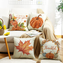 Housses de coussin décoratives d'automne 45 x 45 cm, lot de 4, motif citrouille et feuille d'érable – Compatibles avec les coussins standards