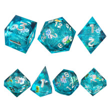 (Blue decals quicksand) 7-Piece Liquid Core D&D Dice Set for RPG Gaming