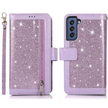 Purple Galaxy S21 FE Case Wallet – Bling Glitter Leather Magnetic Flip with 9 Card Slots, Zipper Purse, Strap & Stand; compatible with Samsung