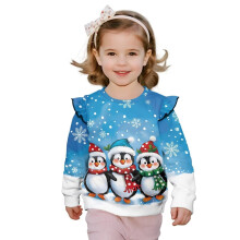 Kawaii Penguin Ruffle Shoulder Sweatshirt for Girls 5-6, Long Sleeve Crewneck Pullover Hoodie – Compatible with Christmas