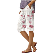 Women's Wide Leg Linen Capri Pants, High Waisted Elastic Waist, Summer Work Pants, White, Size 2XL – Compatible with 2025 Styles