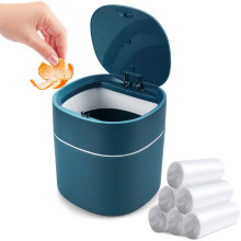 Mini Desk Trash Can with Lid, 0.5 Gal, Press-Top, Includes 120 Bags – Compact Plastic Covered Bin for Desk/Countertop