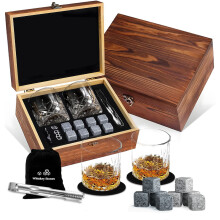Whiskey Glass Gift Set with 8 Chilling Stones & 2 Glasses in Handmade Wooden Box – Compatible with Whiskey Lovers, Dad, Husband