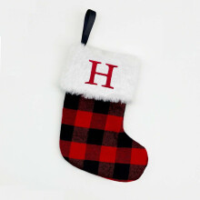 Mini Red & Black Plaid Christmas Stockings with White Plush Cuff & Embroidered Letter – Cute Gift Bags for Kids & Students