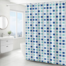 Rideau de douche extra long AuroraX 183 cm x 239 cm, tissu à carreaux, résistant à la moisissure, motif abstrait bleu bohème – Compatible avec