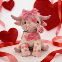 Peluche mucca Highland rosa, animale di peluche per San Valentino con fiocco e rosa – Regalo soffice Kawaii per la decorazione della fattoria per