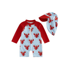 (3-6 Months, Red) 2Pcs Toddler Baby Boys Swimsuit Set Crew Neck Long Sleeve Lobster Print Upper Zipper Rash Guard Swimwear and Sun Hat