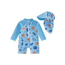 (3-6 Months, Blue) 2Pcs Toddler Baby Boys Swimsuit Set Crew Neck Long Sleeve Lobster Print Upper Zipper Rash Guard Swimwear and Sun Hat