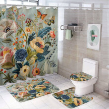 4-Pc Flower & Butterfly Shower Curtain Set with Rugs & Accessories, 72"x72", Spring Holiday Bathroom Decor, Compatible with Standard Bathtubs