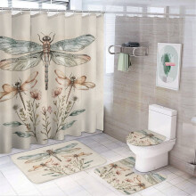 4-Pc Shower Curtain Set with Non-Slip Rug, Toilet Lid Cover & Bath Mat – Vintage Dragonfly Design, Waterproof, Compatible with Standard Bathtubs