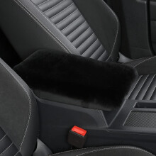 Sheepskin Armrest Cover for Car Console – Fluffy Wool Protector, 7x13", Black, Compatible with Most Cars
