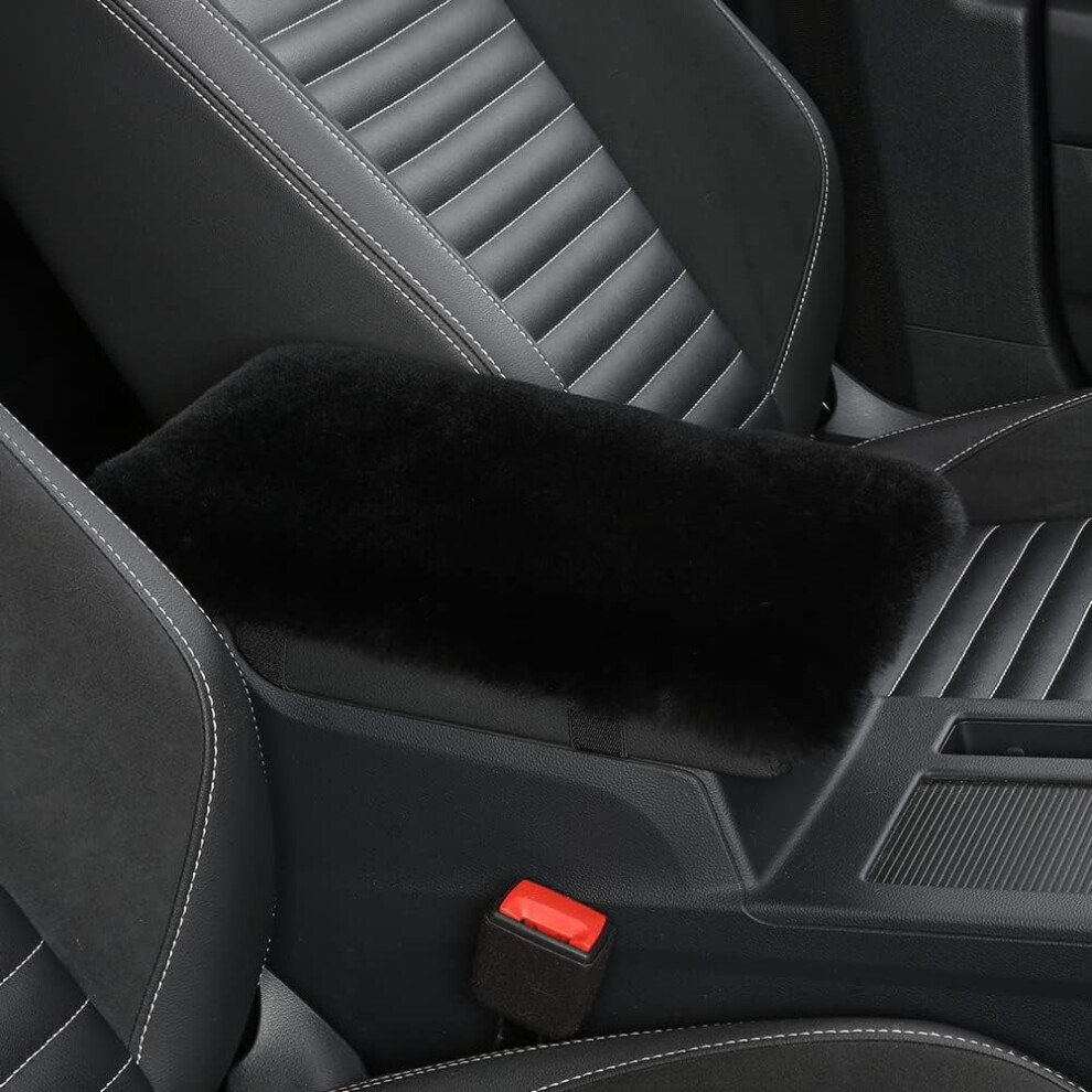 Sheepskin Armrest Cover For Car Console Â Fluffy Wool Protector, 7X13", Compatible With Most Cars Black 9159796063032