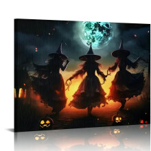 Vintage Halloween Three Witches Canvas Wall Art – Gothic Retro Horror Poster for Living Room, Bedroom, Bar, Party Decor (Framed)