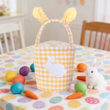 Easter Bunny Ear Gingham Baskets, Plaid Fabric Tote Bags with Rabbit Applique, Reusable Egg Hunt Bags for Kids, Party Favors & Spring Decor