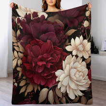 Elegant Burgundy Floral Fleece Throw Blanket 60"x80" – Soft, Cozy, Watercolor Boho Flannel for Couch, Bed – Adults, Teens, Kids
