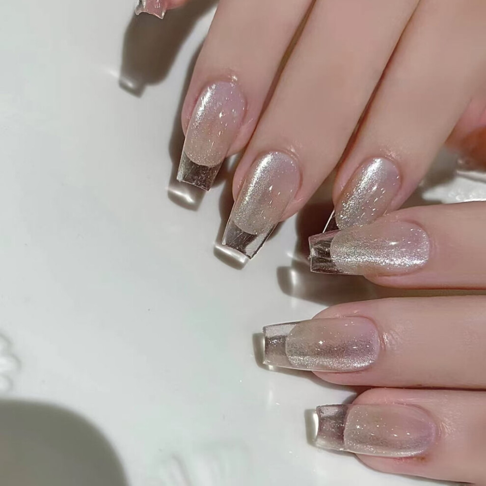Press on Nail Ballet Coffin Fake Nail with Cats Eye Designs Glass Glues on Nail Glossy False Nail Artificial Nail Gifts