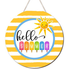 Hello Summer Door Sign Summer Decor Wreaths for Front Door Wreath Wooden Sign hanger for Pool Farmhouse Porch Home Wall Decorations (Yellow)