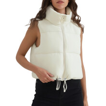 (L, White) Women's Autumn Puffer Waistcoat Solid Color Sleeveless Mock Neck Zip Up Winter Crop Vest