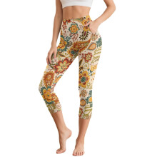 Flower Printed Capri Leggings for Women Athletic Yoga Pants Tummy Control Yoga Leggings Soft Yoga Capris with Pockets, XL