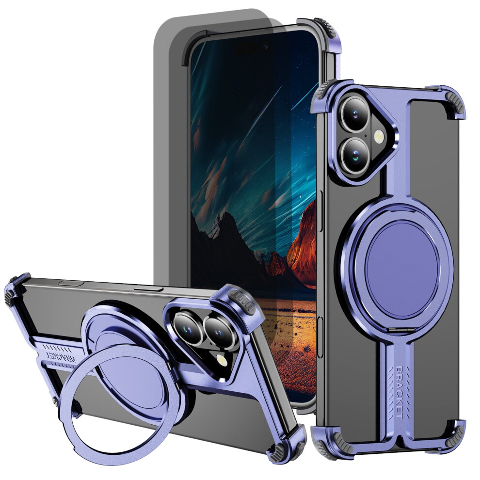 Compatible With Iphone 16 Plus: Frameless Metal Case + 2 Privacy Screen Protectors, 360 Kickstand, Slim Shockproof Bumper Â Purple 9101399545194
