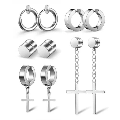 5 Pair Magnetic Stud Earrings – Stainless Steel Silver