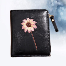 1Pcs Flower Pattern Bifold Purse Black Pu Leather Zipper Wallet for Women