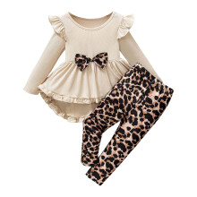 Kids Girls Clothes Long Sleeve Ruffle Bowknot Top Leopard Print Allover Pants Fall Outfit 2Pcs Clothing Set Beige 5-6 Years