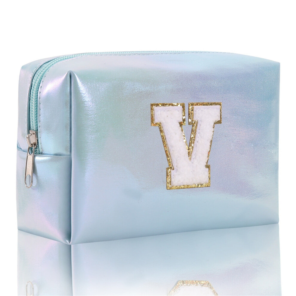 Blue Embroidered Makeup Travel Bag - Spacious Cosmetic Organizer With Alphabet Design, Toiletry Pouch For Women/Girls