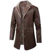 Men's Trench Coat Slim Fit Mid Length Leather Jacket Business Casual Winter Coat With Thick And Oversized Notch Lapel For Men