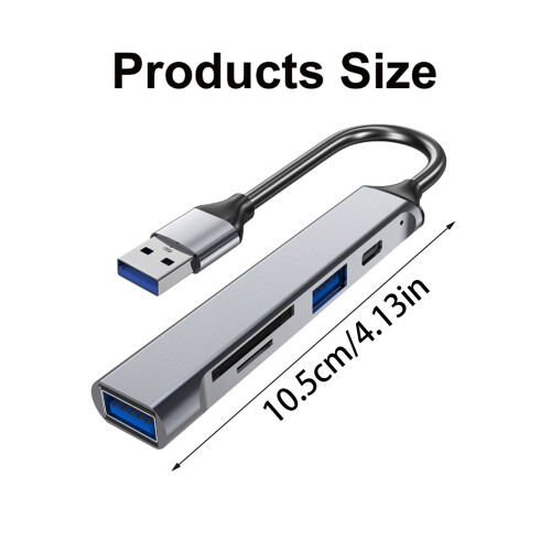 Hub USB Tipo C multiportas de 5 polegadas com leitor de cartões USB 3.0 e 2.0 para laptops. 1