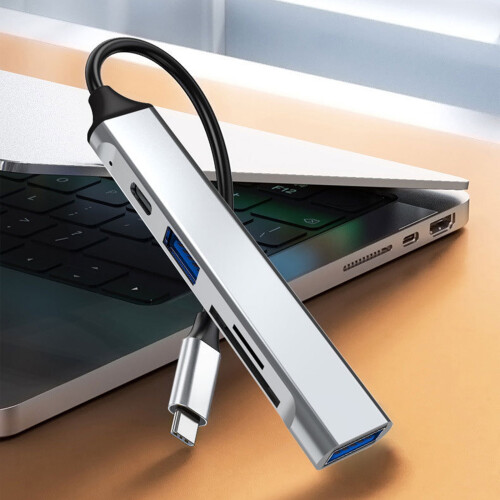 Hub USB Tipo C multiportas de 5 polegadas com leitor de cartões USB 3.0 e 2.0 para laptops. 2