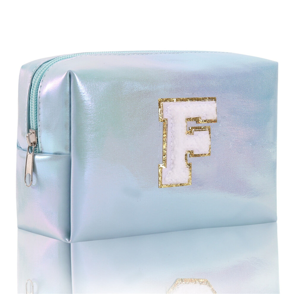 Blue Embroidered Makeup Travel Bag - Spacious Cosmetic Organizer With Alphabet Design, Toiletry Pouch For Women/Girls