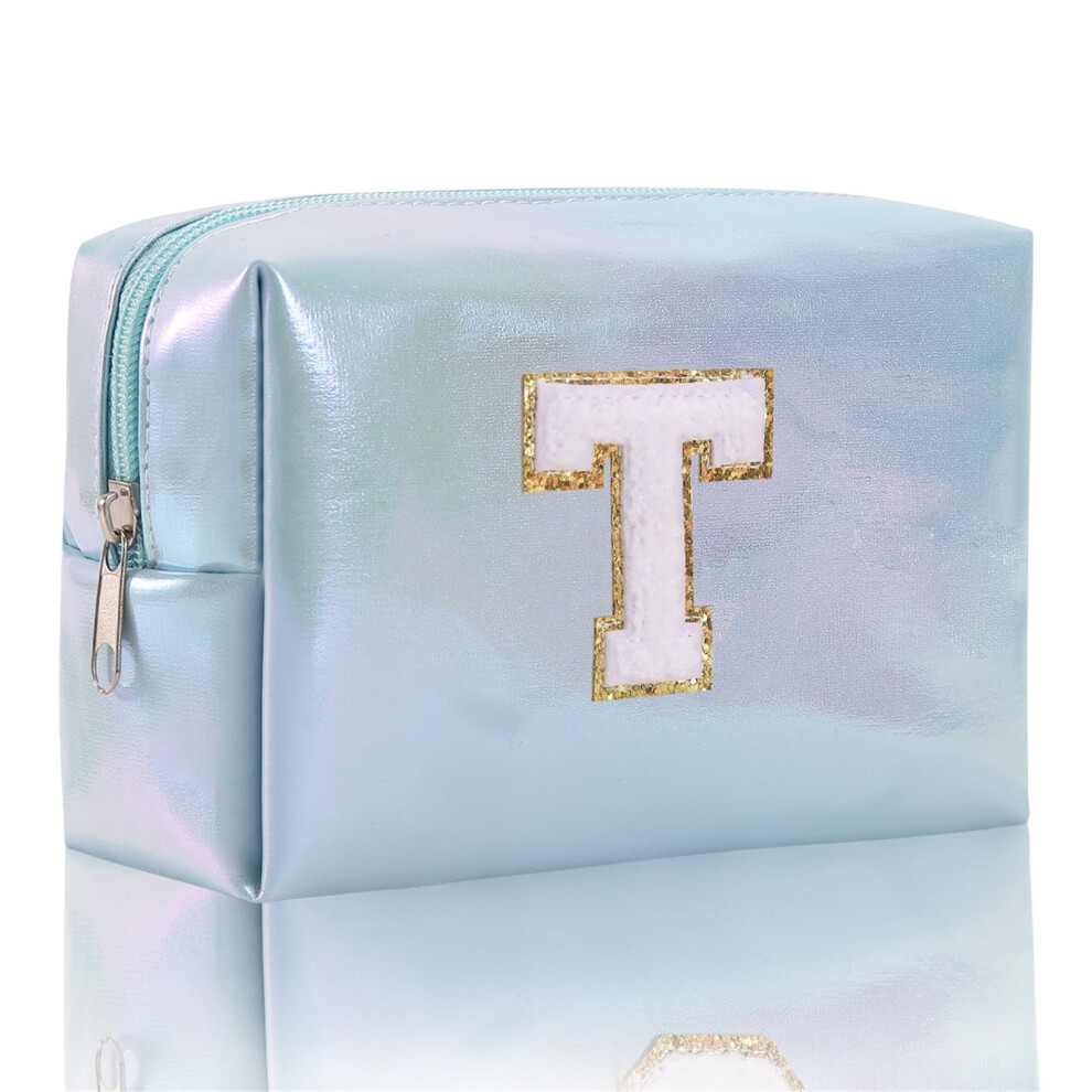 Blue Embroidered Makeup Travel Bag - Spacious Cosmetic Organizer With Alphabet Design, Toiletry Pouch For Women/Girls