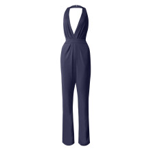 Macacão feminino casual de cor sólida com calça reta e design simples e requintado (azul escuro, tamanho P)