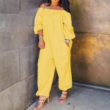 Macacão feminino casual, cor sólida, ombros à mostra, manga comprida, modelo Loong Siamese, tamanho grande, com bolsos (amarelo, tamanho G)