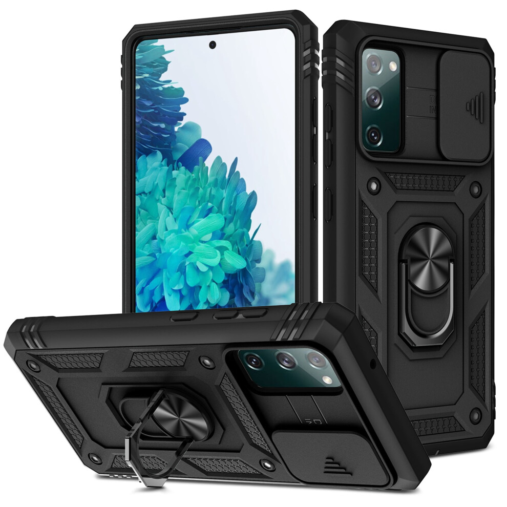 Compatible With Samsung Galaxy S20 Fe Case Â Rugged Shockproof Kickstand Case With Slide Lens Protector & Ring Holder, Black 9097180903000