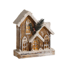 Casetta natalizia vintage con doppio tetto e luci LED - Tetto innevato da 25 cm e rami di pino per un'accogliente decorazione natalizia da tavolo.