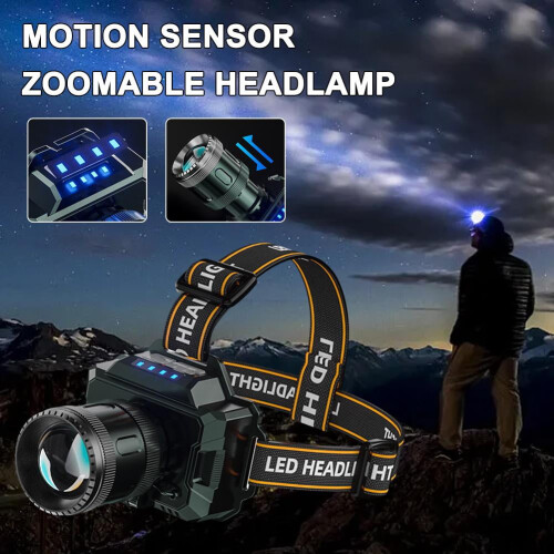 Lanterna de cabeça com sensor de movimento, zoom ajustável, bateria dupla de lítio e sensor de gestos. 2
