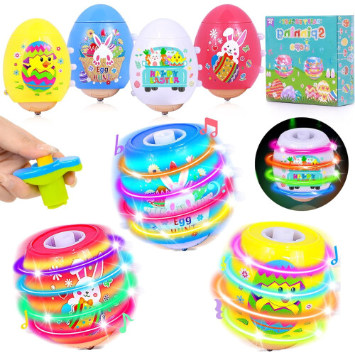 4-Pack Light-Up Spinning Singing Tops for Easter Baskets, Compatible with Easter Eggs & Goodie Bags