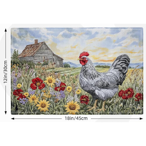 Rooster Watercolor Placemats Linen 4 Pcs 2