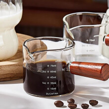 Espresso Shot Glass with Wooden Handle, 75ml Double Spouts Glass Measuring Cup, Clear Milk Frothing Pitcher for Coffee, Latte Art, Home Barista