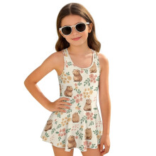Kawaii Capybara Flower Girls Swimsuits Kids Back Strap Bathing Suit Skirted One Piece Bathing Suits Swim Dress Pool Party, Size 8-9