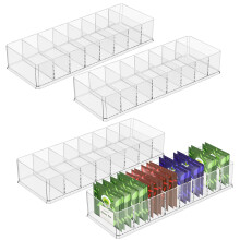 4Pcs Tea Bag Storage Box PS Transparent Tea Packet Drawer Organizer with 8 Divider Large Capacity for Kitchen Cabinet Countertop