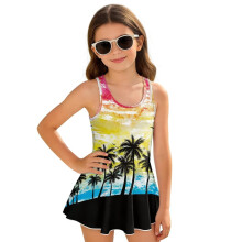 Swimsuit One Piece for Kids Size 3-4, Black Palm Tree Colorful Sky Sleeveless Summer Swim Dress Polyester and Spandex Bathing Suits Beach Vacation