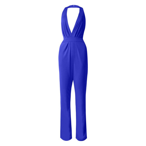 Macacão feminino casual de cor sólida com calça reta e design simples e requintado (Azul, G)