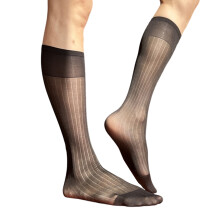 Mens Thin Silk Formal Dress Suit Socks Clear Sheer Over the Calf Tube Socks Male Business Dress Wide Stripe Long Socks