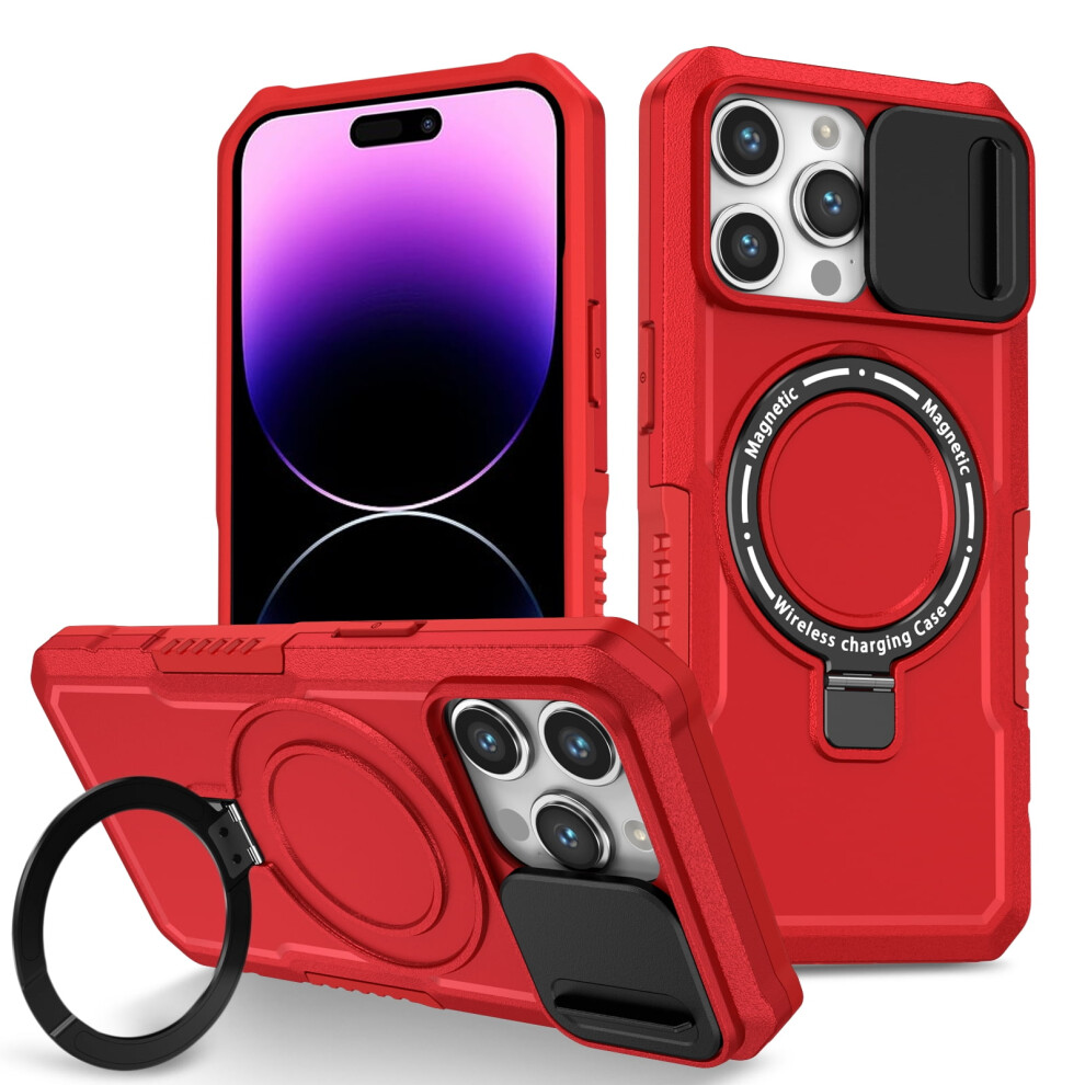 Tech Circle Case For Iphone 15 Pro Max (6.7") Â Sliding Camera Cover, Magsafe Compatible, Shockproof, Hidden Kickstand & Ring Holder, Red 9097180906452