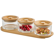 Glass Snack Serving Tray with Wooden Lid & 3 Compartments – Condiment, Chip & Dip Bowl – Compatible with Kitchen & Tea Room