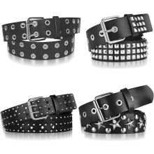Conjunto de 4 cintos com tachas, rebites e ilhós duplos - Couro sintético preto estilo gótico - Acessórios estilo punk para homens e mulheres -