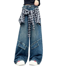 Wide Leg Denim Jeans for Girls with Elastic Waist, Multiple Pockets, and Plaid Tie-Up Detail - Casual Trousers for Everyday Use